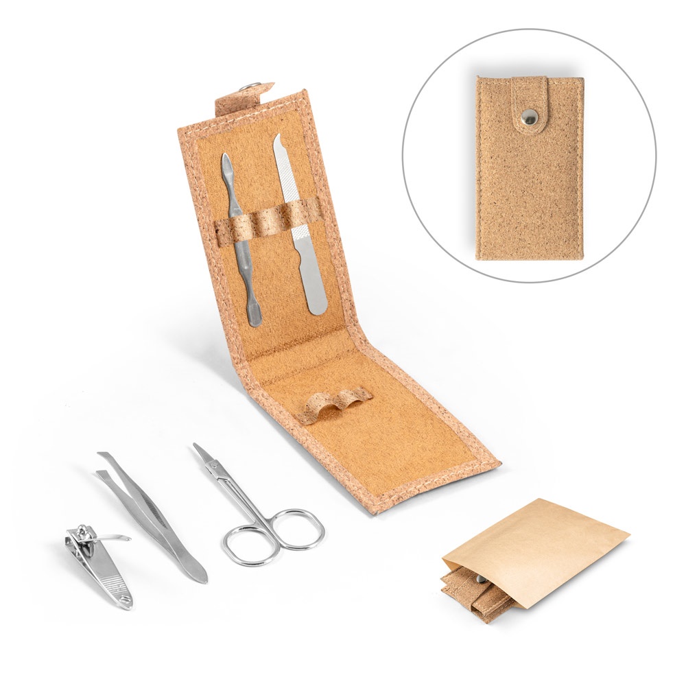 ZENA. Conjunto de manicure em cortiça com peças em aço inoxidável